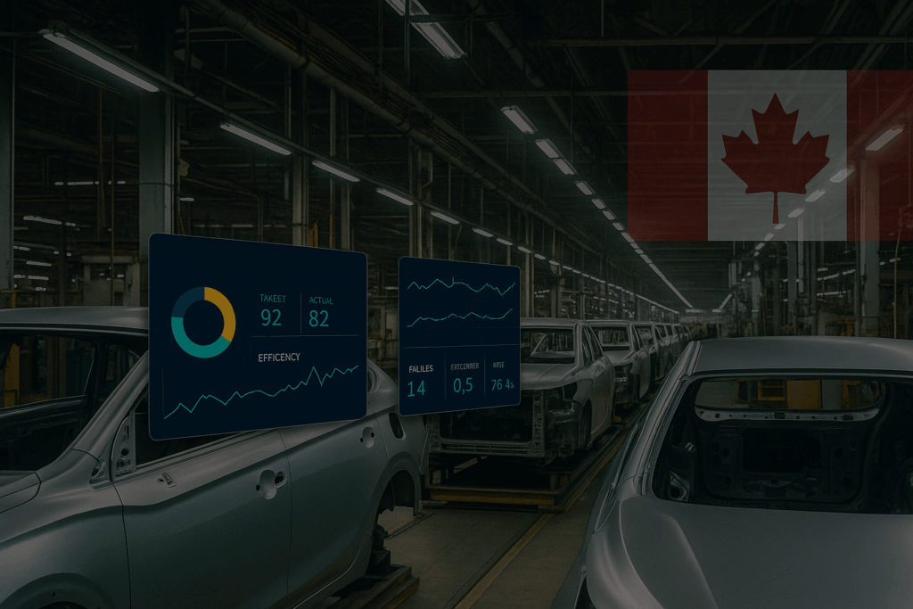 automotive plant floor with a canadian flag in the background